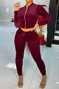Wine Red Wholesale Velvet Long Sleeve With Pocket Zip Coat Pencil Pants Sport Sets LML268-4