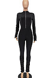 Blue Women Solid Color Long Sleeve Zipper Ruffle Pants Mid Waist Bodycon Jumpsuits AA5281-2