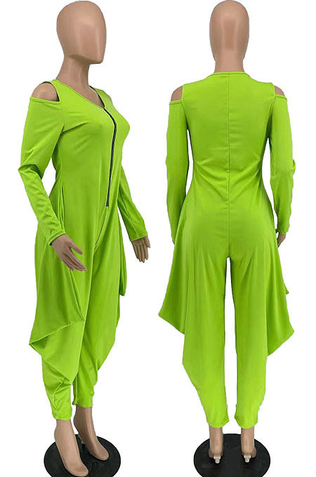 Rose Red Modest  Newest Long Sleeve Off Shoulder Zip Front Loose Solid Color Jumpsuits AMX6057-4