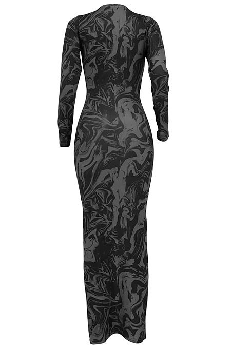 Multicolor Women Long Sleeve Fashion Printing Bandage Hollow Out Skinny Bodycon Long Dress HZF57819-3