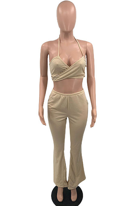 Champagne Wholesale Elegant Long Sleeve Cardigan Cape+Strapless Loose Flare Pants Three Piece HMR6081