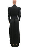 Gray Women Fashion Casual Tight Solid Color High Collar Pullover Collect Waist Puff Sleeve Long Dress MR2124-4
