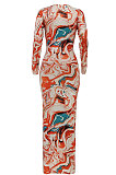 Multicolor Women Long Sleeve Fashion Printing Bandage Hollow Out Skinny Bodycon Long Dress HZF57819-3