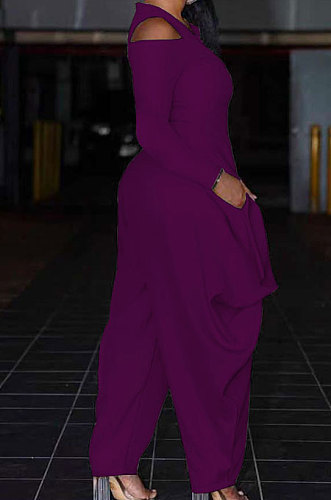 Purple Modest  Newest Long Sleeve Off Shoulder Zip Front Loose Solid Color Jumpsuits AMX6057-7
