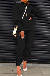 Black Women Fashion Solid Color Puff Sleeve Zipper High Waist Pants Sets MR2120-2