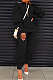 Black Women Fashion Solid Color Puff Sleeve Zipper High Waist Pants Sets MR2120-2