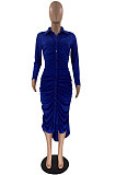 Blue Simple New Ruffle Long Sleeve Lapel Neck Single-Breasted Shirt Derss LM88818