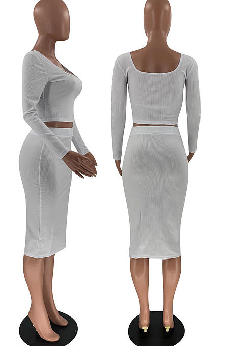 Yellow Fashion Long Sleeve Square Neck Bodycon Tops High Waist Slit Skirts Sexy Sets LM88816-5