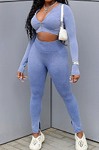 Blue Cotton Blend Wholesale Long Sleeve Zip Front Crop Tops Bodycon Pants Sets KY3097-2