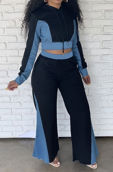 Blue Euramerican Sexy Hooded Zipper Spliced Flare Leg Pants Sets HZF57820