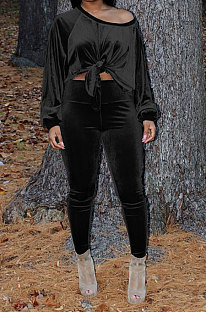 Black Women Long Sleeve Round Collar Korea Velvet Solid Color Sexy Long Pants Sets MR2123-1