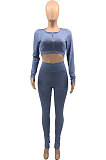 Red Cotton Blend Wholesale Long Sleeve Zip Front Crop Tops Bodycon Pants Sets KY3097-1