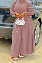 Pink Women Fashion Casual Tight Solid Color High Collar Pullover Collect Waist Puff Sleeve Long Dress MR2124-2