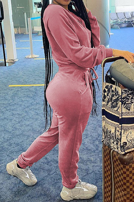 Blue Casual Newest Velvet Long Sleeve Stand Neck Zip Front Collcet Waist Drawsting Jumpsuits LY047-3