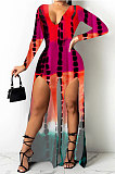 Red Cotton Blend Print Long Sleeve V Neck Zip Back Slim Fitting Slit Jumpsuits JH275-1