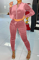 Pink Wholesale Velvet Long Sleeve With Pocket Zip Coat Pencil Pants Sport Sets LML268-2