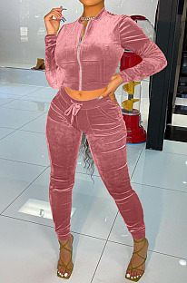 Pink Wholesale Velvet Long Sleeve With Pocket Zip Coat Pencil Pants Sport Sets LML268-2
