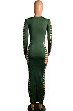 Red Women Sexy Pure Color Long Sleeve Hollow Out Mid Waist Round Collar Long Dress NYP013-2
