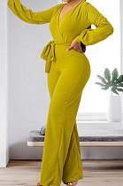 Green Sexy Simple Long Sleeve V Neck Bandage Wide Leg Jumpsuits HMR6055
