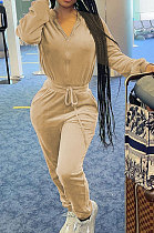 Apricot Casual Newest Velvet Long Sleeve Stand Neck Zip Front Collcet Waist Drawsting Jumpsuits LY047-4