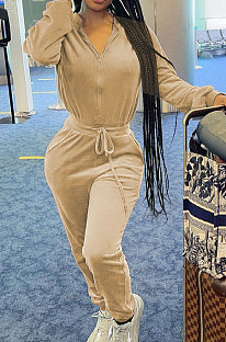 Apricot Casual Newest Velvet Long Sleeve Stand Neck Zip Front Collcet Waist Drawsting Jumpsuits LY047-4