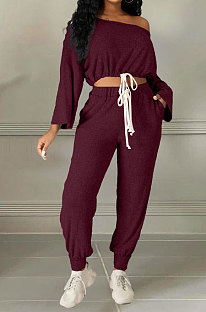 Rose Red Cotton Blend A Wrod Shoulder Long Sleeve T Shirts Sweat Pants Sets HHM6528-3
