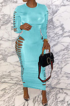 Sky Blue Women Sexy Pure Color Long Sleeve Hollow Out Mid Waist Round Collar Long Dress NYP013-3