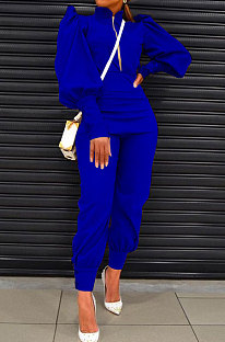 Blue Women Fashion Solid Color Puff Sleeve Zipper High Waist Pants Sets MR2120-4