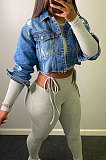 Drak Blue Autumn Winter Cute Casual Long Sleeve Hole Jean Coat D8455
