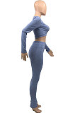 Blue Cotton Blend Wholesale Long Sleeve Zip Front Crop Tops Bodycon Pants Sets KY3097-2