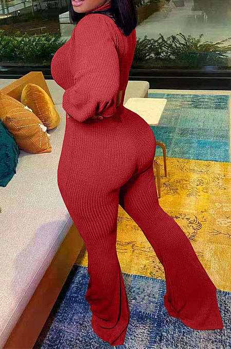 Orange Autumn Winter Woolen Knitting Lantern Sleeve Round Neck Crop Tops High Waist Flare Pants Sollid Color Sets LML270-2