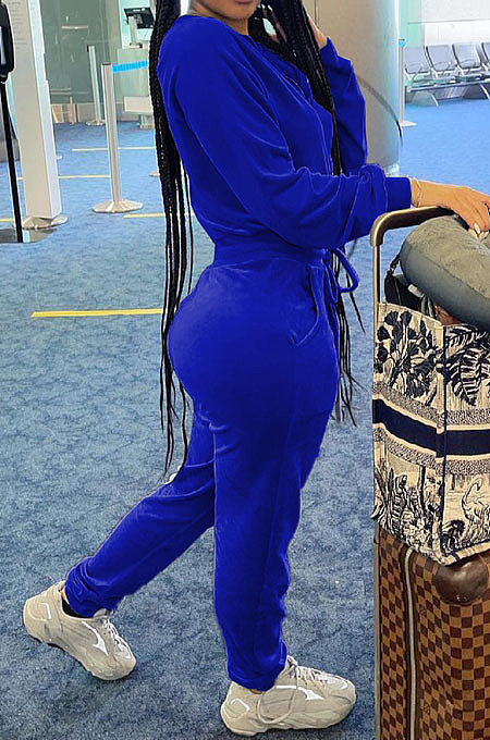 Rose Red  Casual Newest Velvet Long Sleeve Stand Neck Zip Front Collcet Waist Drawsting Jumpsuits LY047-1