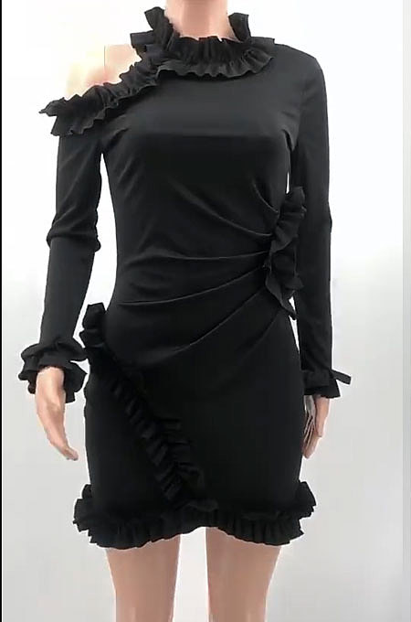 Pink Wholesale Sexy Ruffle Side  Long Sleeve Off Shoulder Slim Fitting Mini Dress KY3095-1