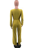 Green Sexy Simple Long Sleeve V Neck Bandage Wide Leg Jumpsuits HMR6055