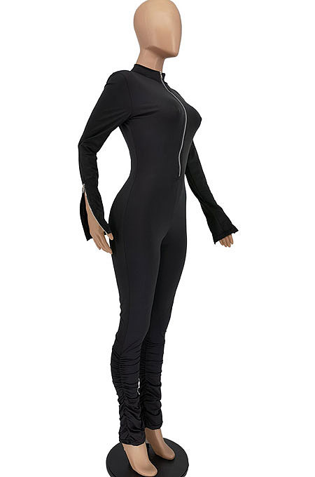 Blue Women Solid Color Long Sleeve Zipper Ruffle Pants Mid Waist Bodycon Jumpsuits AA5281-2