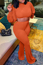 Orange Autumn Winter Woolen Knitting Lantern Sleeve Round Neck Crop Tops High Waist Flare Pants Sollid Color Sets LML270-2