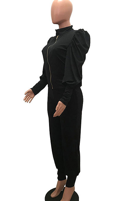 Rose Red Women Fashion Solid Color Puff Sleeve Zipper High Waist Pants Sets MR2120-3