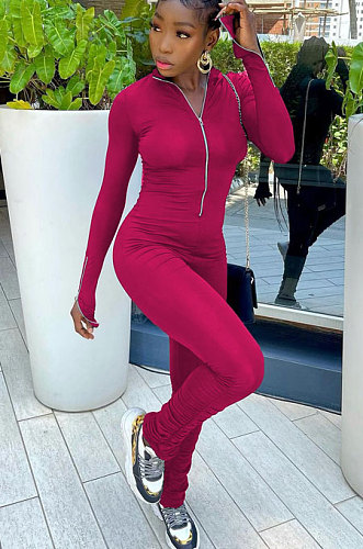 Black Women Solid Color Long Sleeve Zipper Ruffle Pants Mid Waist Bodycon Jumpsuits AA5281-1