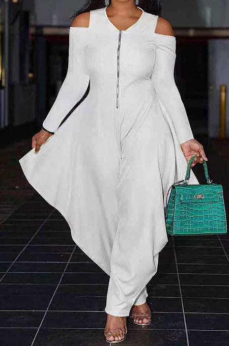 Rose Red Modest  Newest Long Sleeve Off Shoulder Zip Front Loose Solid Color Jumpsuits AMX6057-4