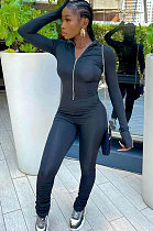 Black Women Solid Color Long Sleeve Zipper Ruffle Pants Mid Waist Bodycon Jumpsuits AA5281-1