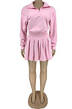 Pink Newest Cotton Blend Velvet Long Sleeve Zipper Tops Mini Skirts Tennis Wear Sport Sets DN8632-2