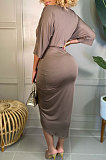 Brown Cotton Blend Sexy Long Sleeve Deep V Collar Ruffle Slit Dress AMX6060-3