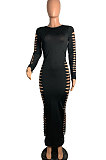 Red Women Sexy Pure Color Long Sleeve Hollow Out Mid Waist Round Collar Long Dress NYP013-2