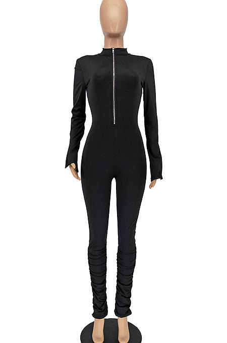 Black Women Solid Color Long Sleeve Zipper Ruffle Pants Mid Waist Bodycon Jumpsuits AA5281-1