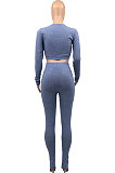 Red Cotton Blend Wholesale Long Sleeve Zip Front Crop Tops Bodycon Pants Sets KY3097-1