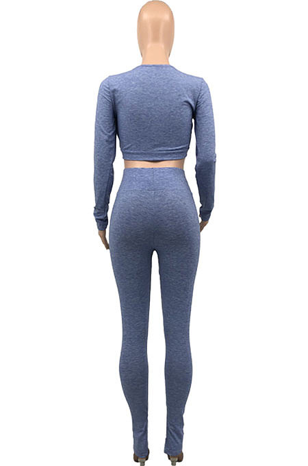 Red Cotton Blend Wholesale Long Sleeve Zip Front Crop Tops Bodycon Pants Sets KY3097-1