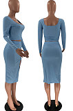 White Fashion Long Sleeve Square Neck Bodycon Tops High Waist Slit Skirts Sexy Sets LM88816-3