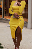 Black Fashion Long Sleeve Square Neck Bodycon Tops High Waist Slit Skirts Sexy Sets LM88816-1