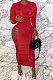 Red Women Sexy Pure Color Long Sleeve Hollow Out Mid Waist Round Collar Long Dress NYP013-2