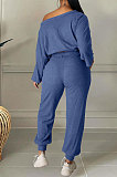 Rose Red Cotton Blend A Wrod Shoulder Long Sleeve T Shirts Sweat Pants Sets HHM6528-3